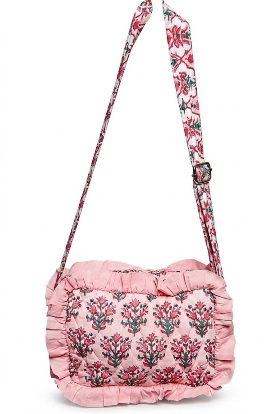 #283. POL Pink Boho Ruffle Trim Quilted Cotton Crossbody NWT